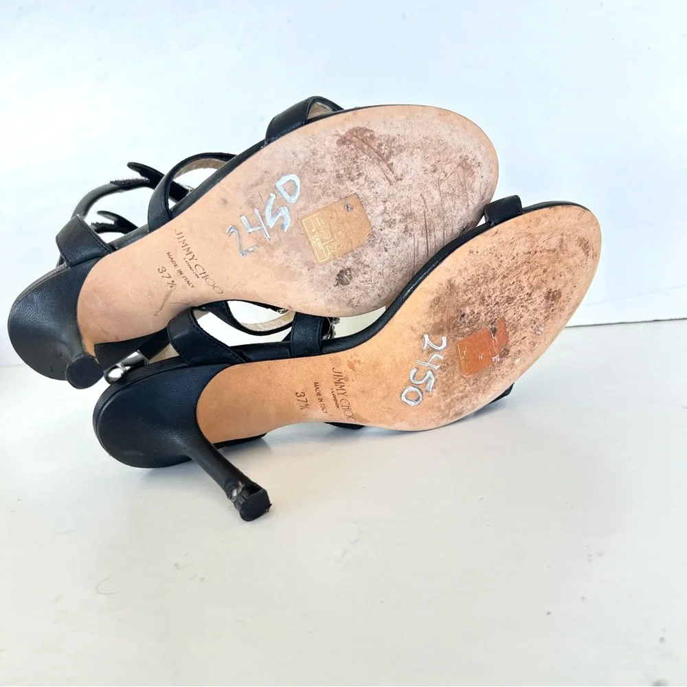 JIMMY CHOO x Ashley Williams Black Leather Crystal 100% Heel Sandals Sz 37.5